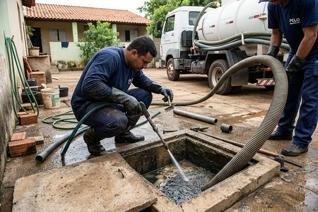 Equipe realizando limpeza de caixa de gordura em Novo Gama.