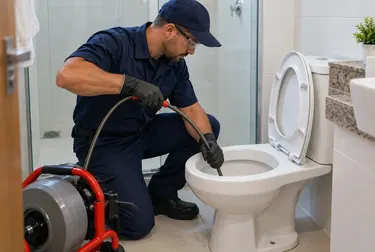 Profissional desentupindo vaso sanitário em Novo Gama com equipo adequado.