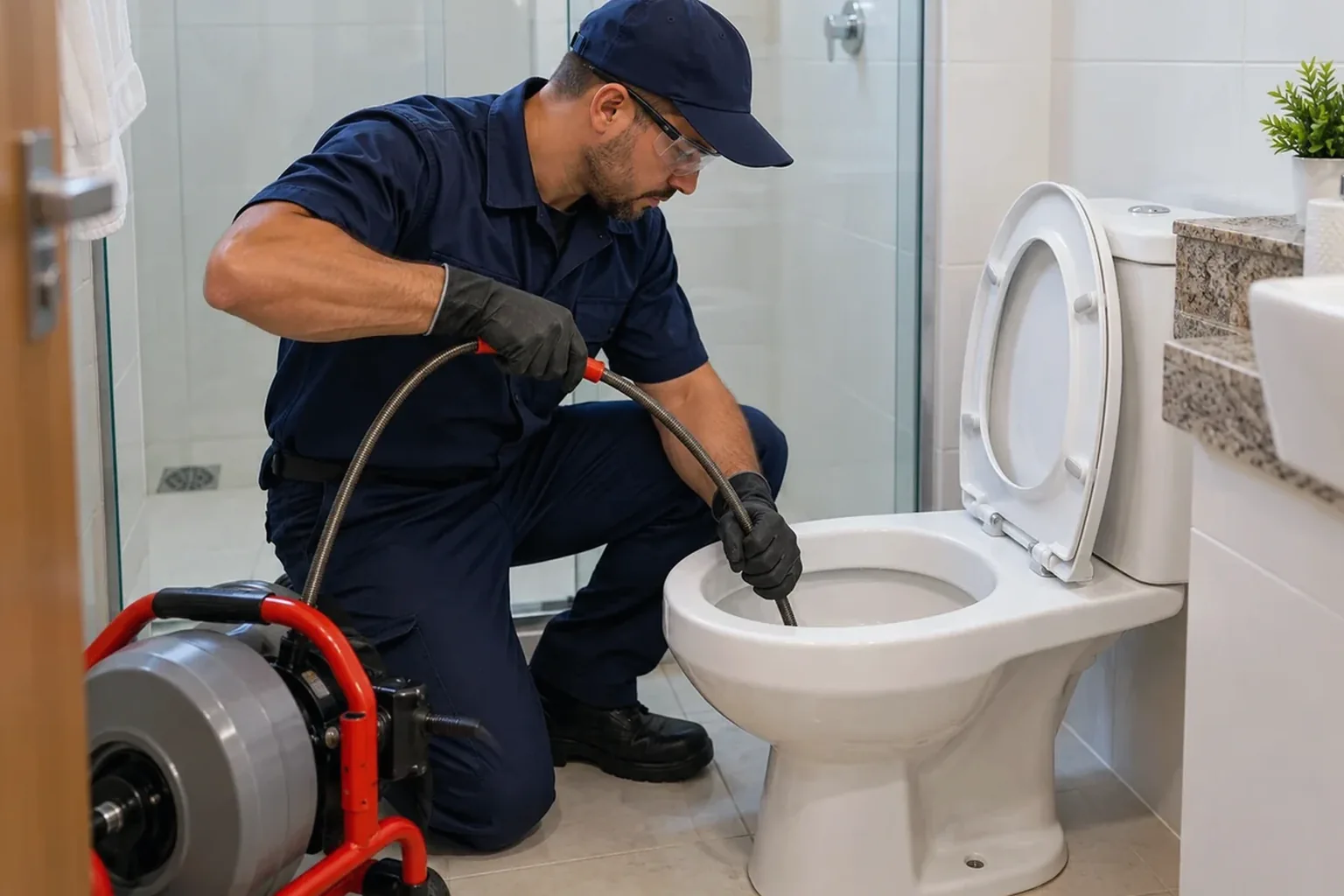 Profissional desentupindo vaso sanitário em Novo Gama com equipo adequado.