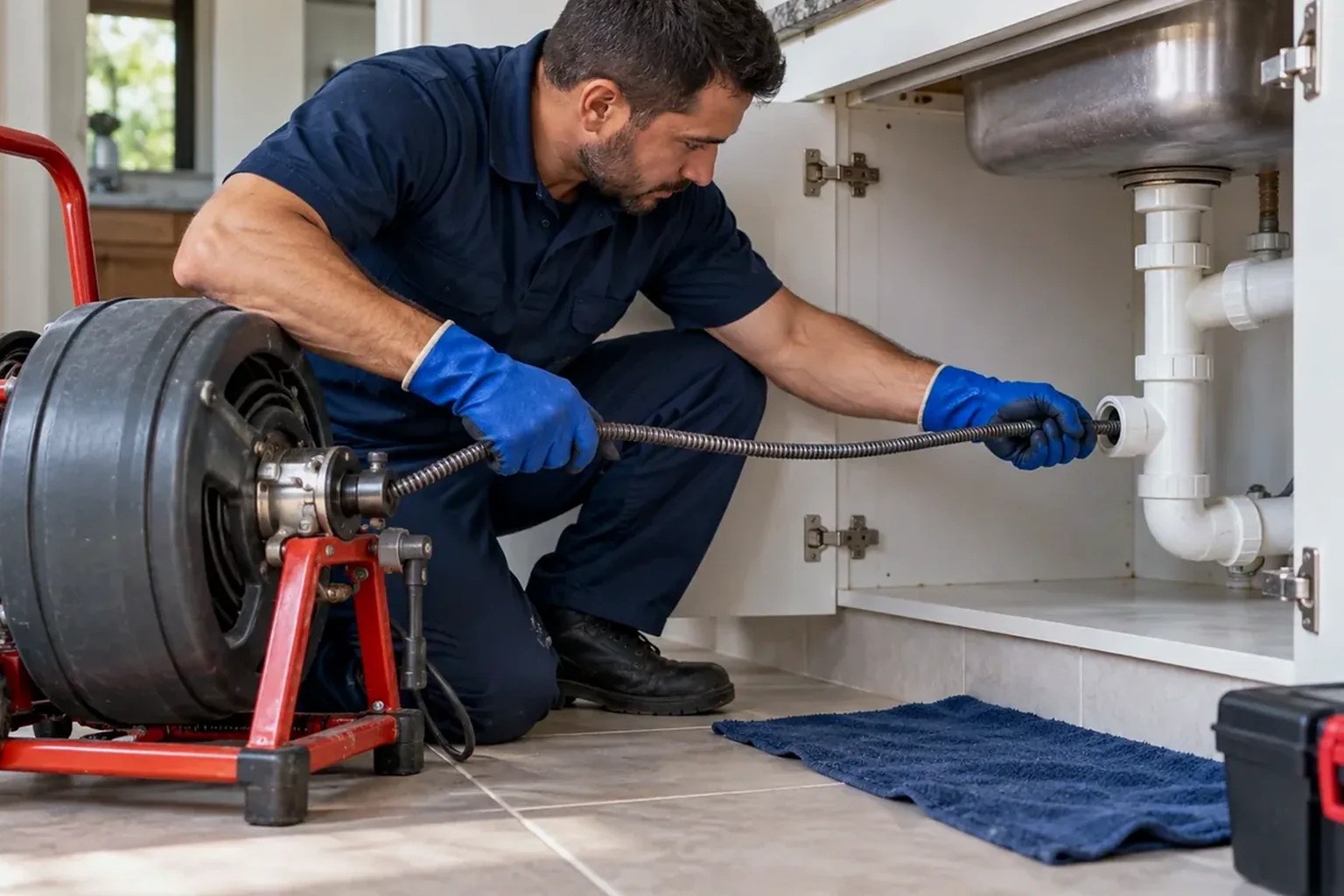 Profissional limpando caixa de gordura em Novo Gama com equipagem correta.