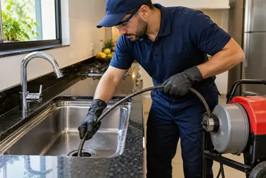 Profissional realizando desentupimento de pia com ferramentas em Novo Gama.