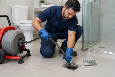 Técnico desentupindo um ralo em Novo Gama com ferramentas profissionais.