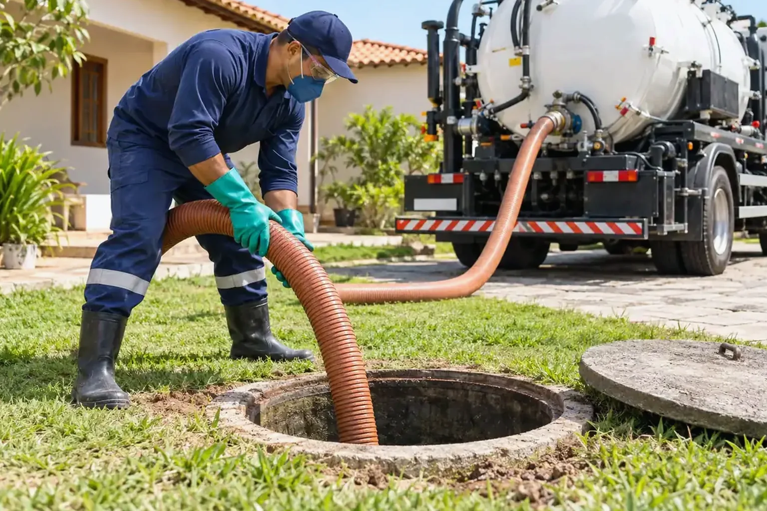 Técnico fazendo manutenção em rede de esgoto em Novo Gama.