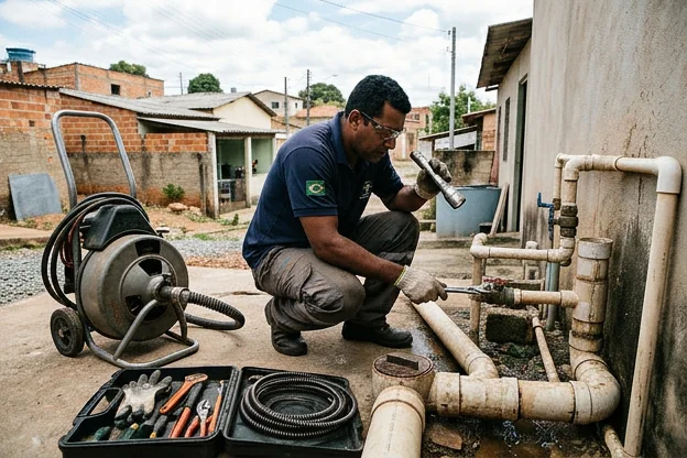 Técnico fazendo manutenção preventiva em tubulações em Novo Gama.