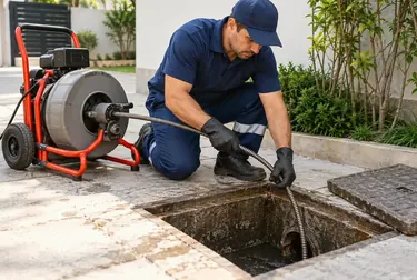 Trabalhador desentupindo sistema de esgoto em Novo Gama com seus equipamentos.